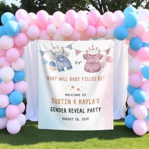 Gender Reveal Photo Backdrop Custom He or She Gender Reveal Banner What Will Baby Be Tapestry Boy Or Girl Decor Gender Reveal Welcome Sign