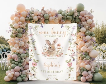 Bunny First Birthday Photo Backdrop Custom Bunny Wildflower 1st Birthday Banner Some Bunny Is Turning One Welcome Sign Rabbit Party Decor
