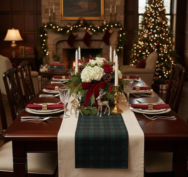 May include: A dining table set for a holiday meal featuring a dark green and navy blue plaid table runner over a cream cloth. The centerpiece includes white hydrangeas, red roses, pinecones, greenery, a velvet bow, and four tall white candles.