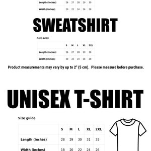 Puede incluir: Tabla de tallas para una sudadera con capucha, una sudadera y una camiseta unisex. La tabla muestra la longitud y el ancho en pulgadas para las tallas S, M, L, XL y 2XL.