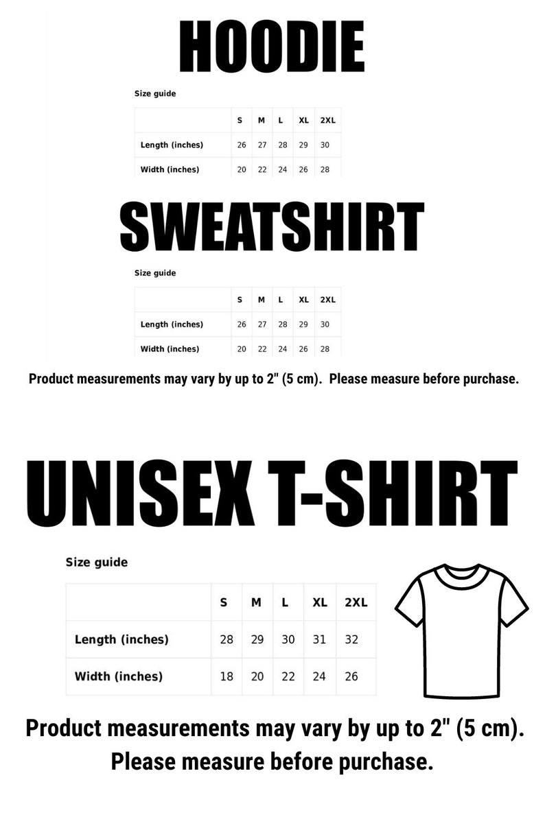 Puede incluir: Tabla de tallas para una sudadera con capucha, una sudadera y una camiseta unisex. La tabla muestra la longitud y el ancho en pulgadas para las tallas S, M, L, XL y 2XL.