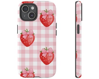 Coquette Strawberry Phone Case Strawberry Pink Checkerboard iPhone Case Samsung Case Strawberry Lover Gift Girly Accessory Cute Phone Cover