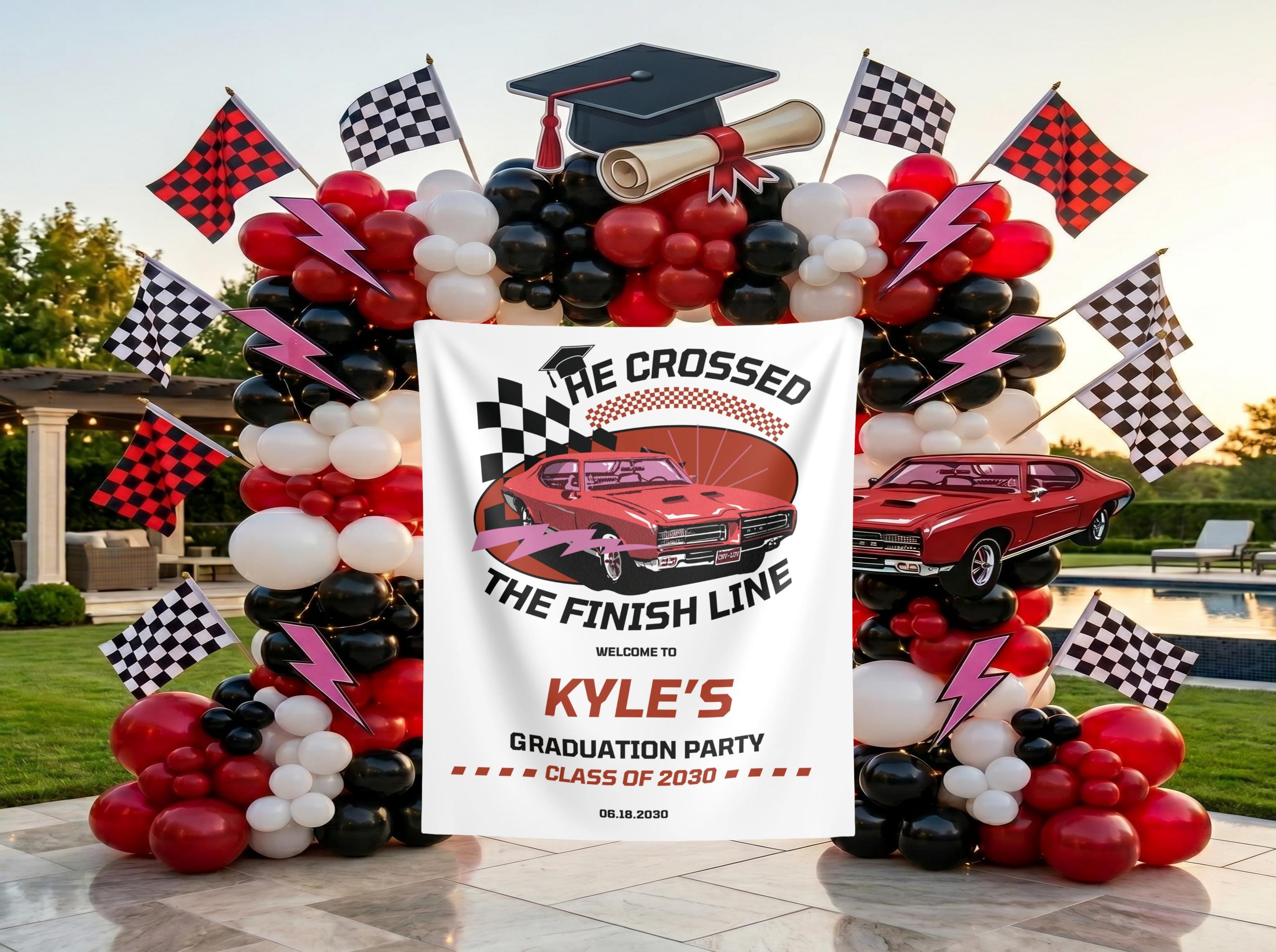 Car Line Graduation Race Car Graduation Party Photo Backdrop He Crossed the Finish Line ...
