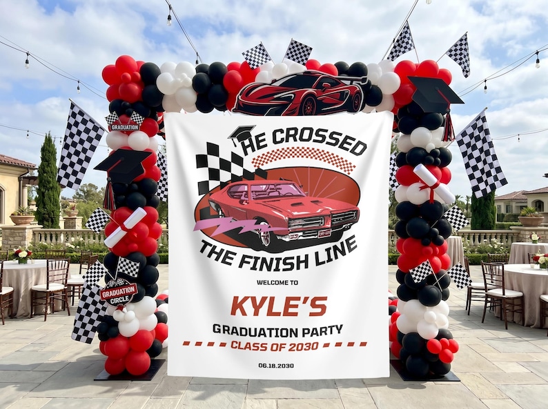 Race Car Graduation Party Photo Backdrop He Crossed the Finish Line ...
