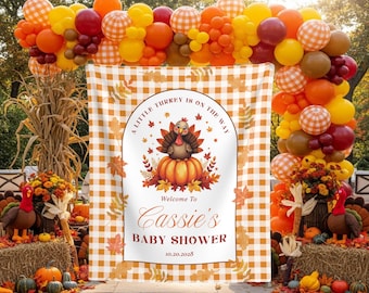 Turkey Baby Shower Backdrop A Little Turkey Is On The Way Welcome Sign Custom Fall Thanksgiving Baby Banner Autumn Gingham Tapestry Decor