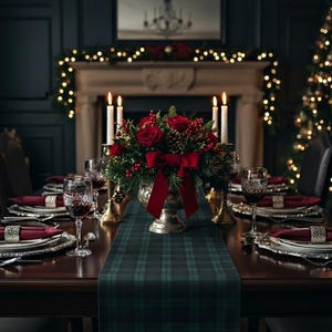 Bieżnik w kratę Blackwatch w klasycznym, granatowo-zielonym kolorze, dekoracja stołu w stylu vintage, elegancka aranżacja stołu, luksusowy akcent jeździecki, wystrój z dawnych pieniędzy