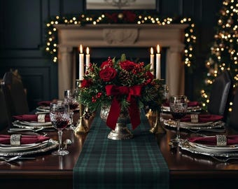 Blackwatch Tartan Table Runner Classic Navy & Green Plaid Table Decor Vintage Preppy Tablescape Luxury Equestrian Accent Old Money Decor
