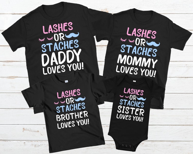 Personalized Lashes Or Staches Family Gender Reveal Party Shirt Custom Boy Or Girl Baby Reveal T-shirt Pregnancy Reveal Matching Family Tees image 1