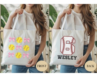 Softball Mom Cotton Canvas Tote Bag Custom Name & Number Coquette Softball Mom Pink Bows Tote Softball Mama Mother's Day Gift Sports Mom Bag