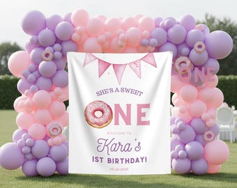 Donut 1st Birthday Backdrop She's a Sweet One Welcome Sign Custom Pink Donut First Birthday Banner For Girls Dessert Party Tapestry Decor
