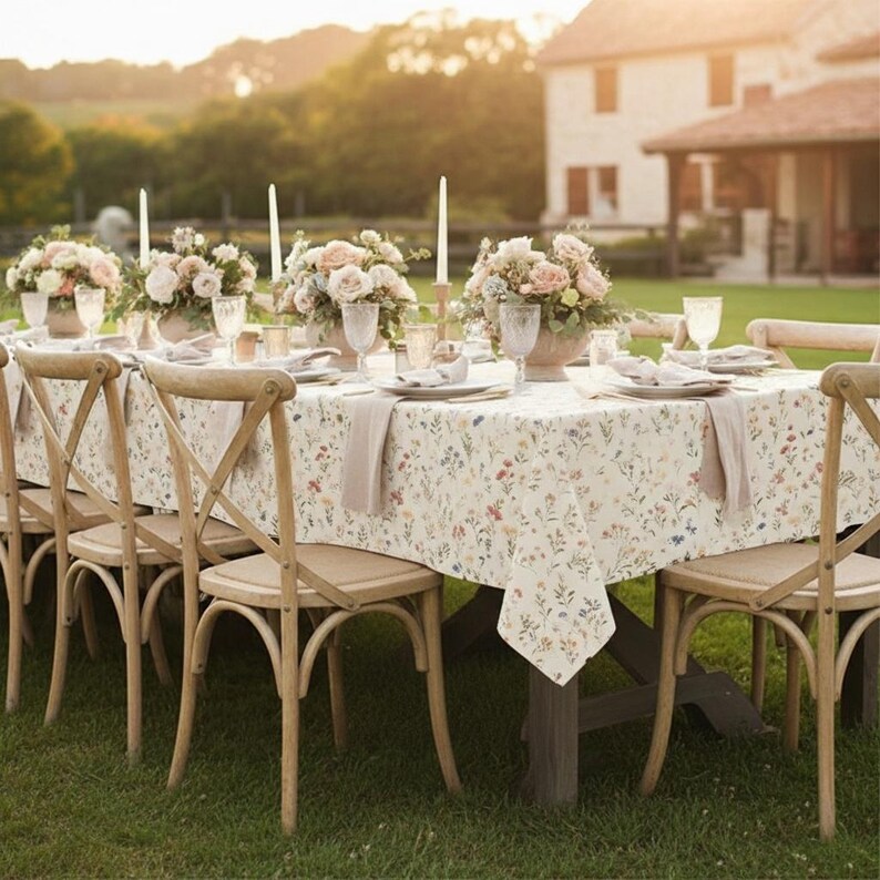 May include: A beautifully set outdoor dining table with a floral tablecloth, matching napkins, and wooden chairs. The table is adorned with floral centerpieces, candles, and glassware, creating an elegant and inviting atmosphere.