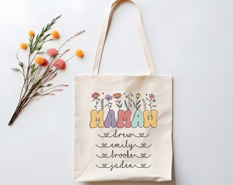 Custom Mamaw Cotton Canvas Tote Bag With Grandkids Names Mamaw Floral Tote Mamaw Mother's Day Gift Retro Mamaw Flowers Tote Mamaw Birthday