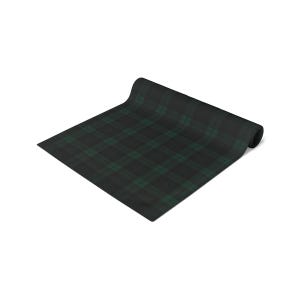 May include: A rectangular table runner featuring a dark charcoal gray and forest green plaid pattern. The fabric is partially rolled at one end, displaying a consistent tartan design with intersecting thin lines across the surface.