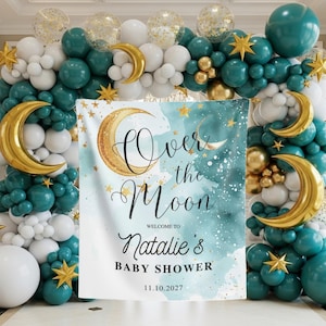 Over The Moon Baby Shower Backdrop Custom Celestial Baby Banner Moon and Stars Welcome Sign Galaxy Baby Shower Tapestry Space Themed Decor
