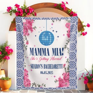 Fondo fotográfico de despedida de soltera Mamma Mia, pancarta de despedida de soltera con reina bailarina, tapiz de fiesta nupcial con última discoteca, decoración de baile de los años 70, letrero de entrada para despedida de soltera