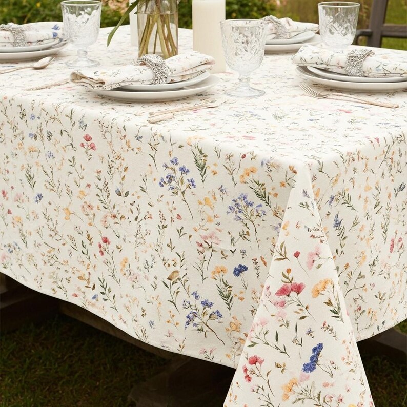 May include: A cream-colored tablecloth with a delicate floral pattern in shades of pink, blue, yellow, and green. The table is set with white plates, napkins, and clear glasses, creating an elegant dining scene. Silver napkin rings add a touch of sophistication.