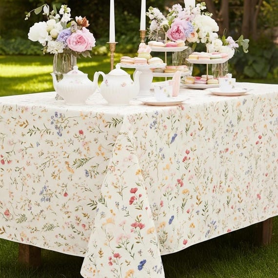 Wildflower Tablecloth Garden Tea Party Table Linens Floral Table Cover Spring Tablescape For Baby Shower Bridal Shower Birthday Host Gifts
