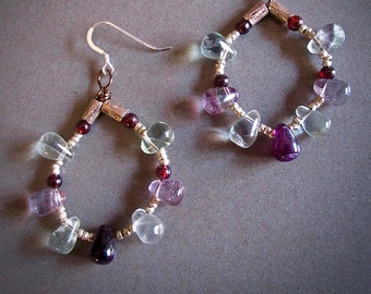 OOAK Silver Beaded Hoops With Pastel Fluorite Teardrops