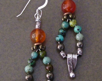 Beaded Turquoise Loops with Carnelian and Vintage Silver