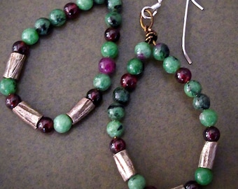 Earthy Loop Earrings of Ruby Zoisite, Garnet and Silver Beads