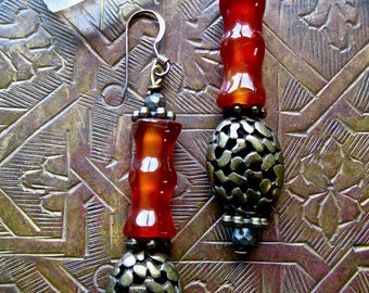 One of a Kind Bamboo Carnelian Vintage Brass Dangles