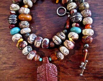 OOAK Autumn Jasper Tribal Feather Necklace