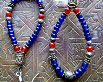 OOAK Old Cobalt Bead Dangles with Carnelian and Pyrite