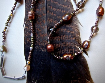 Mixed Metal Coppery Pearl and Smoky Quartz Necklace