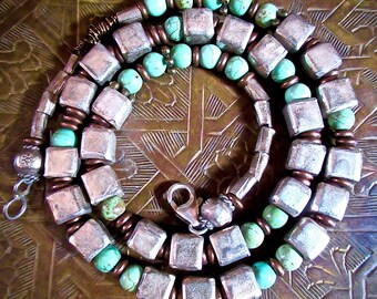 Handmade Rustic Tribal Silver Cube and Turquoise Necklace