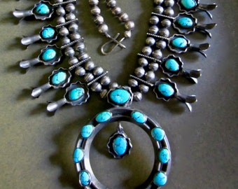 Exceptional Navajo Squash Blossom Necklace with Kingman Turquoise