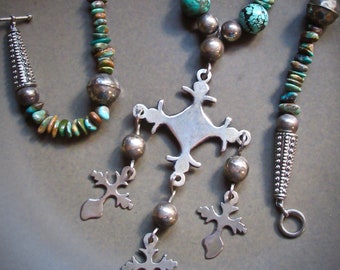 OOAK Large Yalalag Silver Cross on Natural Turquoise Beads