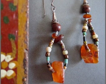 Amber, Carnelian and Antique Bead Earrings