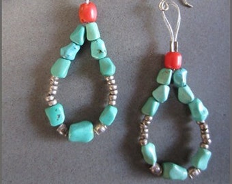 Turquoise, Silver and Coral Loop Earrings