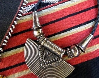 Contemporary Tribal Cresent Pendant on Braided Leather