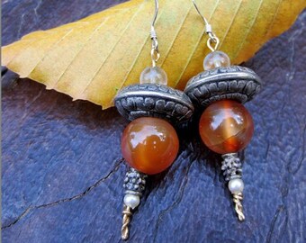 Carnelian,Tribal Silver and Pearl Dangle Earrings