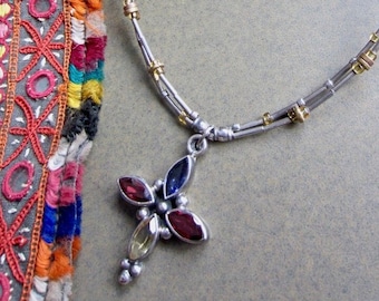 Double Strand Sterling Choker with Jeweled Cross