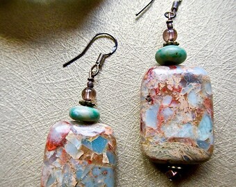 OOAK Peruvian Opal Dangles with Smoky Quartz and Jade Accents