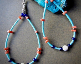 Turquoise, Coral and Mother of Pearl Dangle Earrings