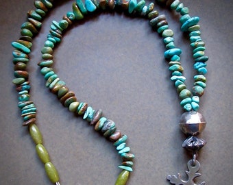 Vintage Yalalag Cross on Turquoise and Serpentine Beaded Necklace
