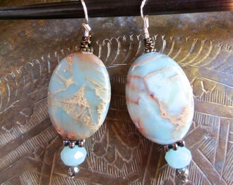 Aqua Peruvian Opal and Amazonite Oval Dangles