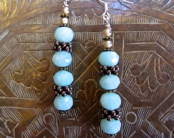 Faceted Aqua Amazonite Long Dangle OOAK Earrings