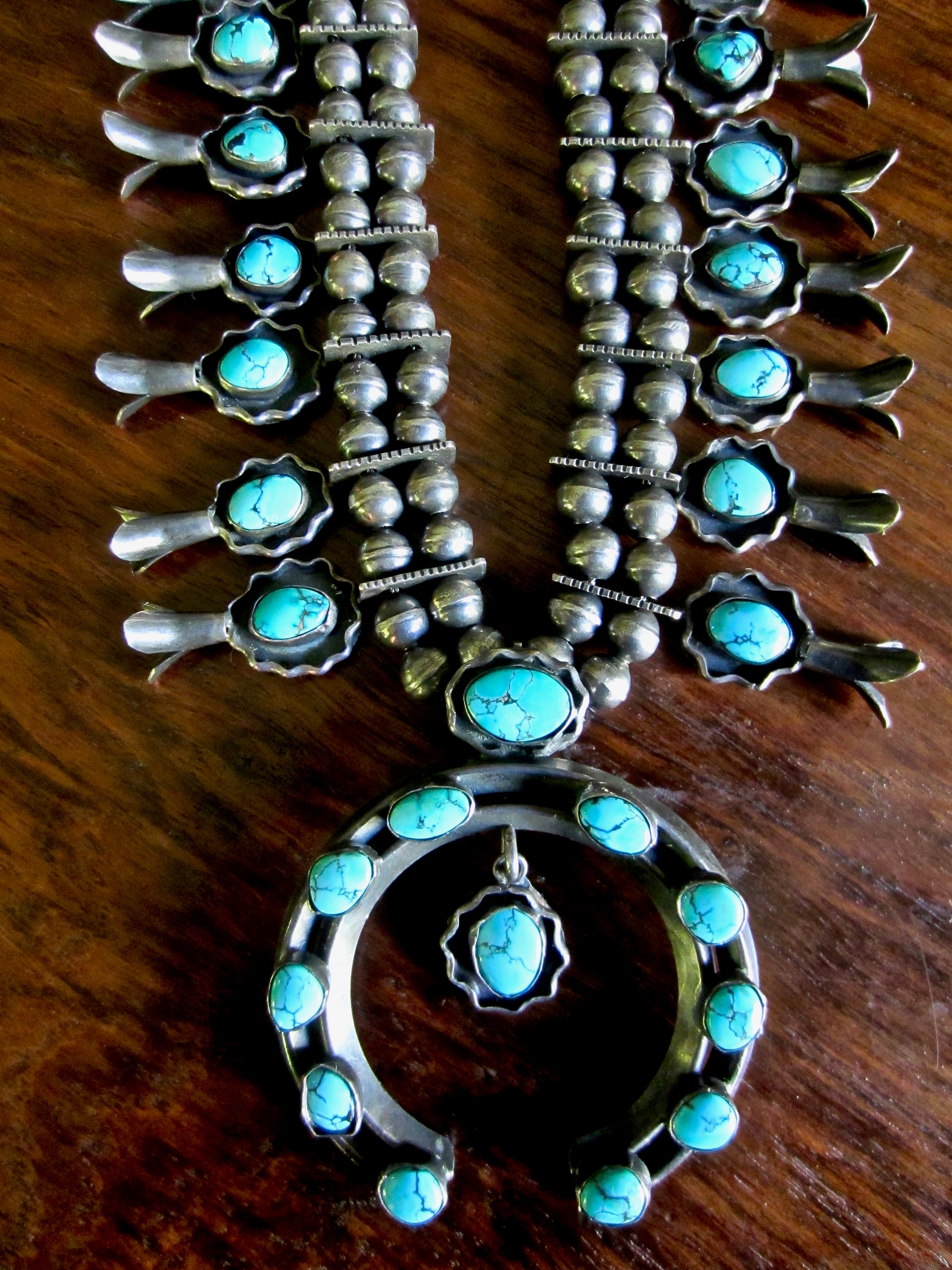 Exceptional Navajo Squash Blossom Necklace With Kingman Turquoise