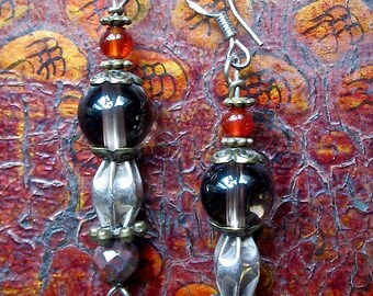 OOAK Smoky Quartz, Tribal Silver, Tiger-Iron Dangle Earrings