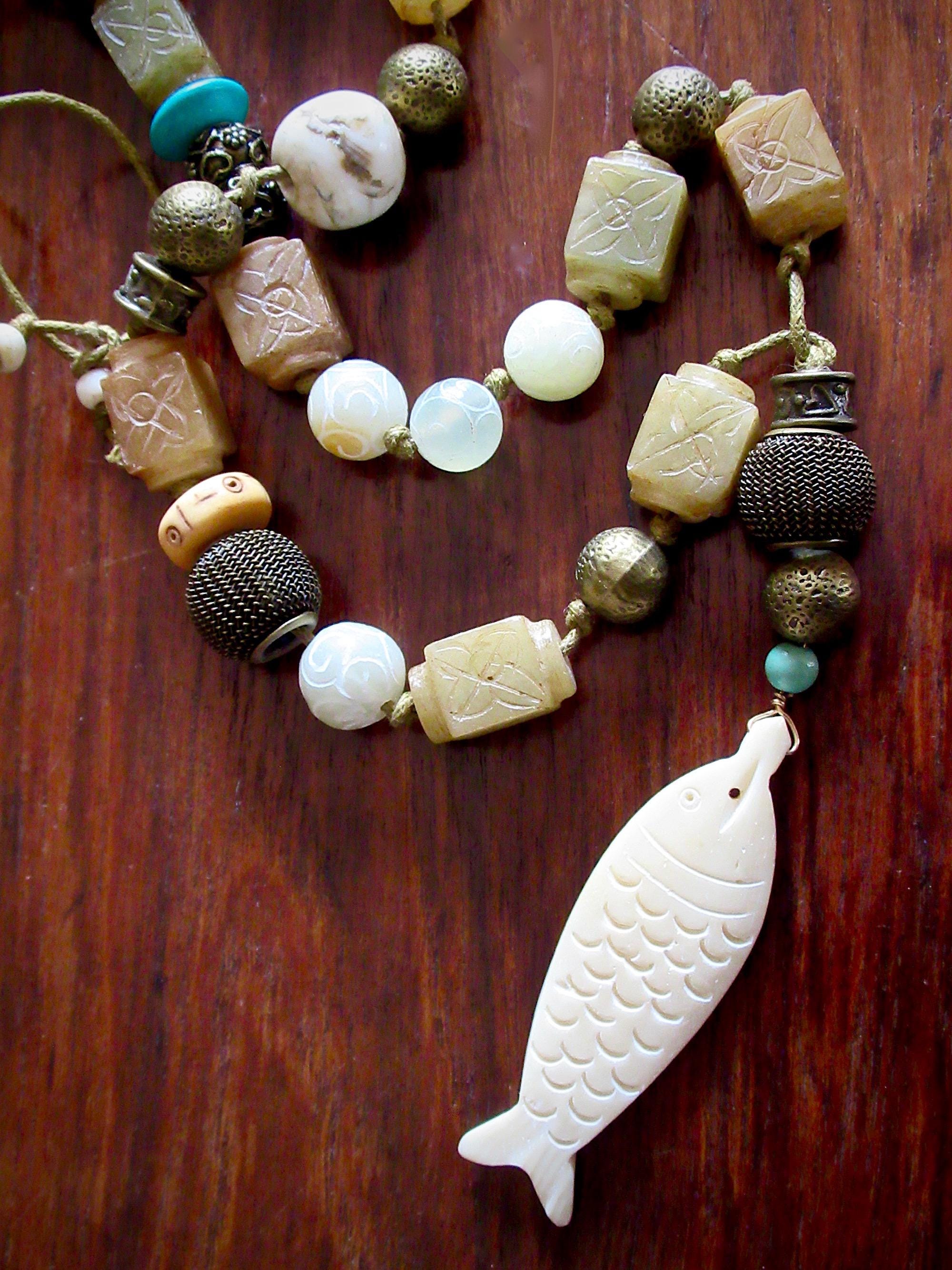 Long Knotted Jade Beads with Fish Pendant