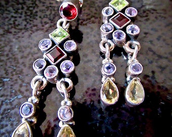 Vintage Multi-Gem Long Dangle Earrings from Jaipur