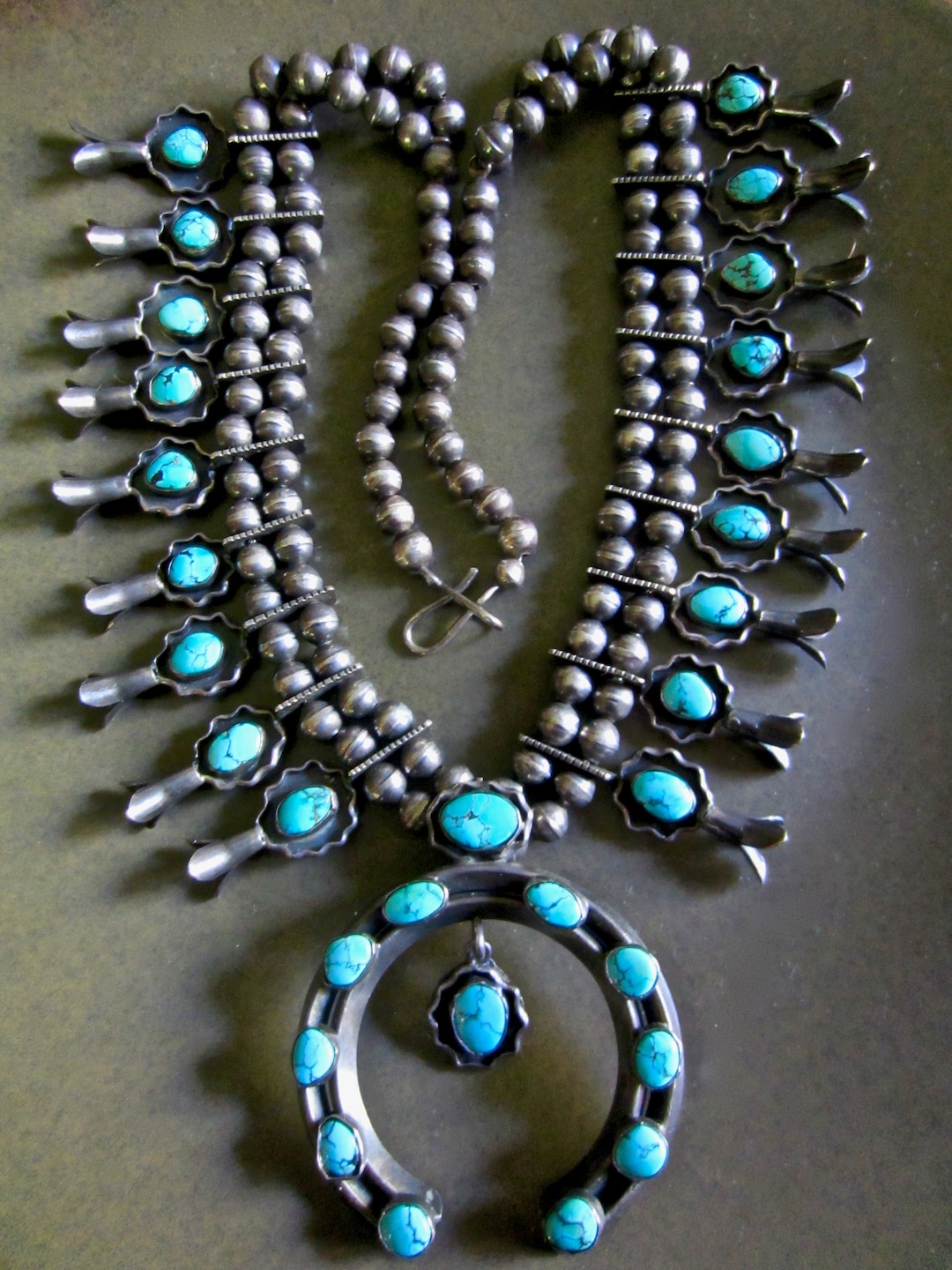 Exceptional Navajo Squash Blossom Necklace With Kingman Turquoise