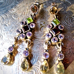 Long Dangle, Multi-Gem Earrings surmounted by Smoky Topaz Posts