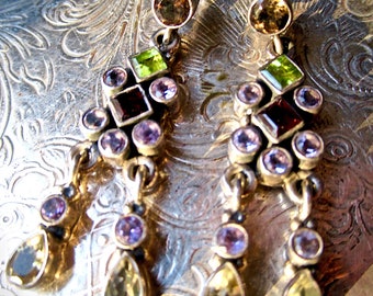 Long Dangle, Multi-Gem Earrings surmounted by Smoky Topaz Posts
