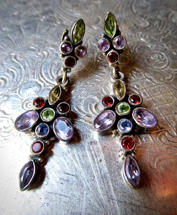 Graceful, Long Dangle, Gemstone Cluster Earrings … - image 1