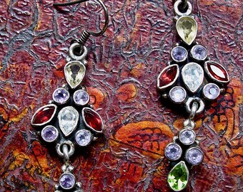 Stunning Vintage White Topaz, Multi-Gem, Long Dangle Earrings from Jaipur